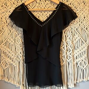 White House Black Market V-Neck Studded Ruffle Blouse Top